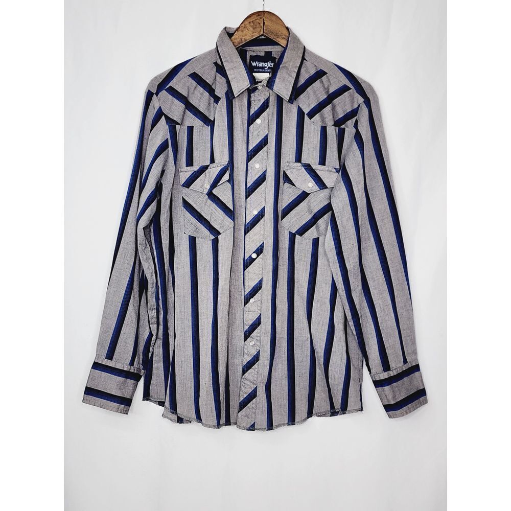 Wrangler Mens Vintage Strip‎ Pearl Snap Long Sleeve Gray Navy Shirt Size Large